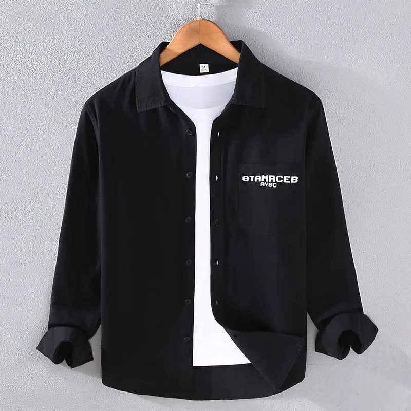 

Trendy Letter Print Long Sve Men's irt Casual Loose Versatile Top Spring Autumn High End Feeling American Sle Cotton 00%