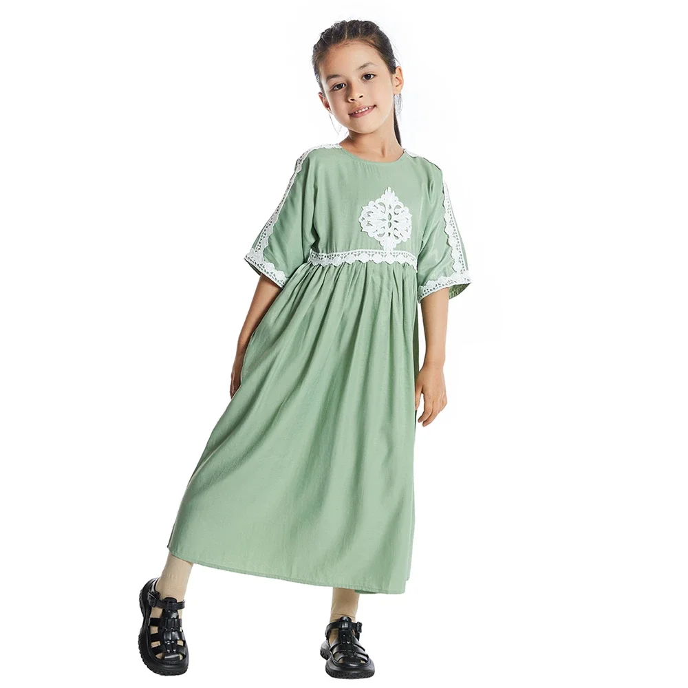 Child Muslim Kids Girls Short Sleeve Long Maxi Dress Turkey Kaftan Prayer Lace Islam Arab Dubai Robe Holiday Party Gown Ramadan