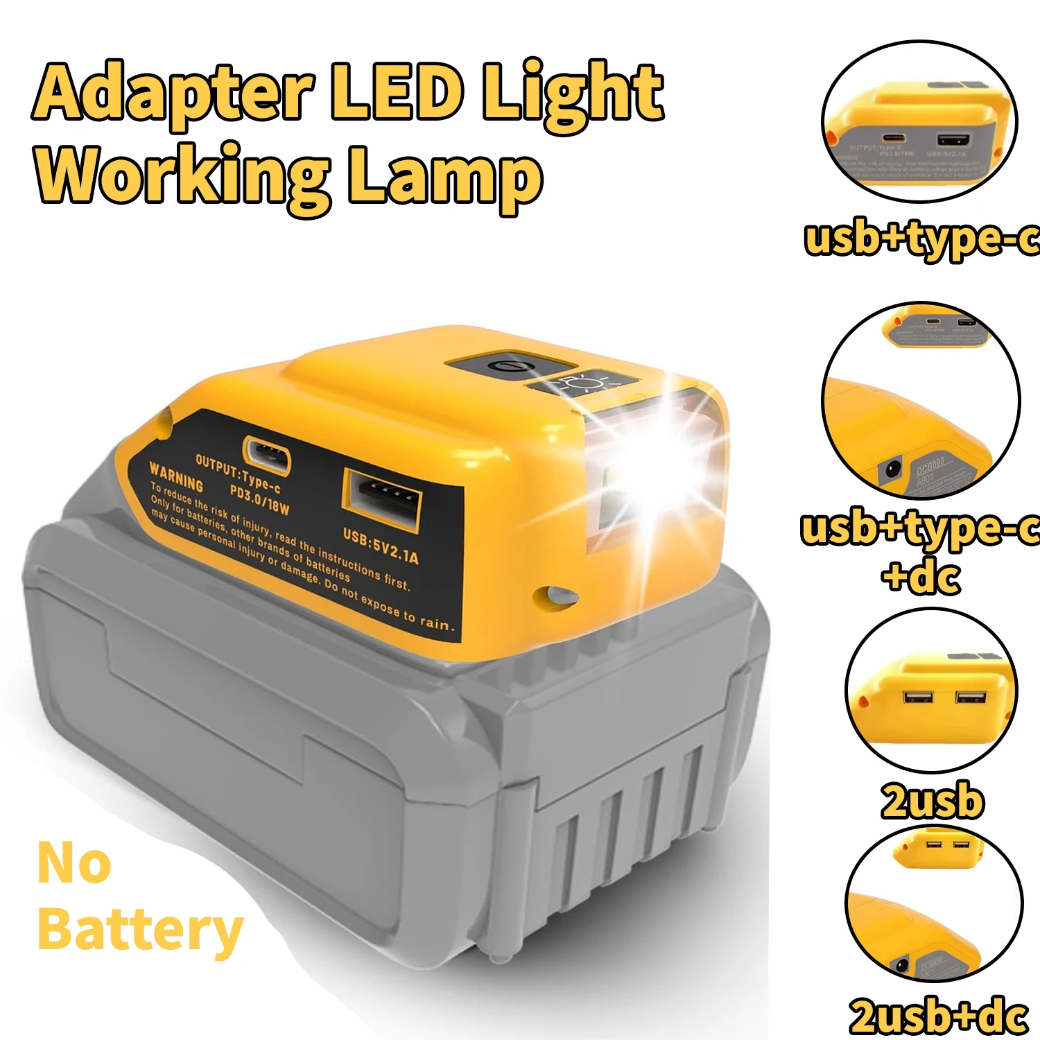 Source d'alimentation portable avec ports DC/USB/Type-C et lumière LED, remplacement de l'adaptateur de batterie Dewalt pour le travail, le camping, les voyages