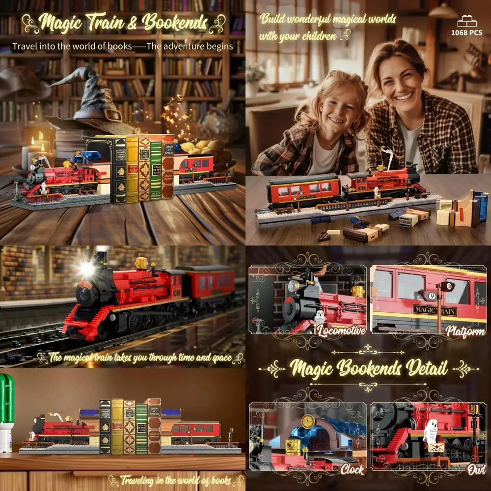 Set di fermalibri e treni magici Harry a doppia funzione, blocchi decorativi da 1068 pezzi, ideali per collezionare e visualizzare, Grea
