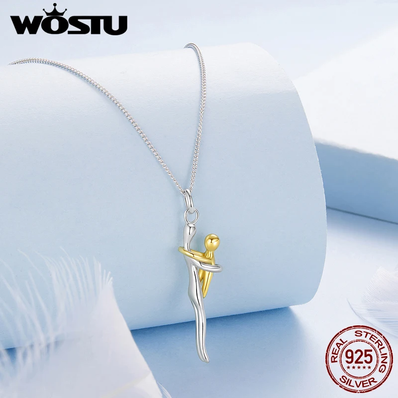 WOSTU 925 فضة عناق قلادة الأم والطفل الحب الأسرة الصداقة الدافئة للنساء عيد ميلاد فتاة هدية غرامة مجوهرات