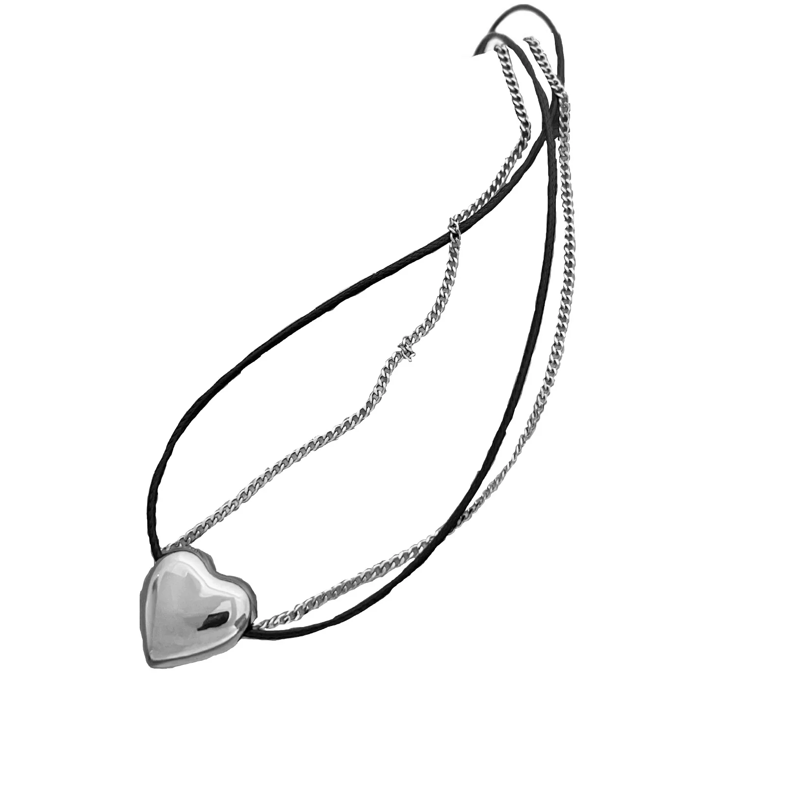 Double Layer Splicing Stainless steel Chain PU Chain Heart-shaped Pendant Necklace For Women\'s Sexy Collarbone fashion Jewelry