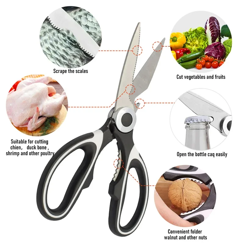 Stainless Steel Kitchen Scissors Multifunctional Household Chicken Bone Scissors With Lid Can Be Opened To Clip Walnuts