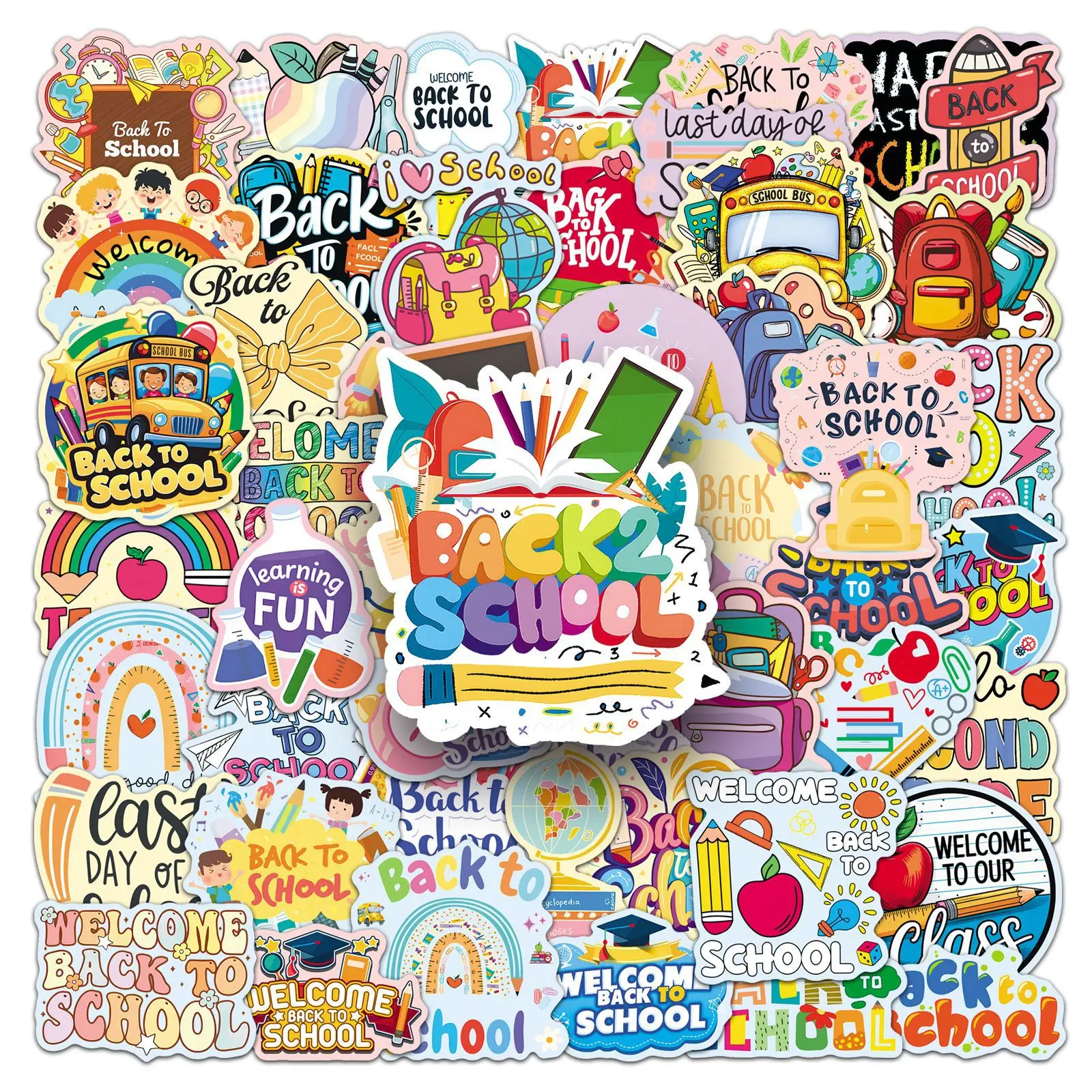 

50PCS Back To School Cartoon English Graffiti Decoration Stationery Laptop iPad Water Cup Guitar Waterproof Stickers Kids Toy