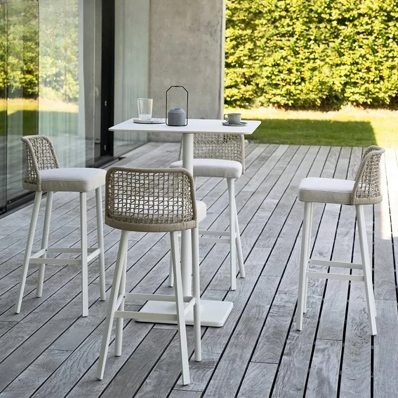 Outdoor villa, bar chairs, leisure garden, courtyard, one table, four chairs, backrests, rattan chairs, bars, rattan bar chairs