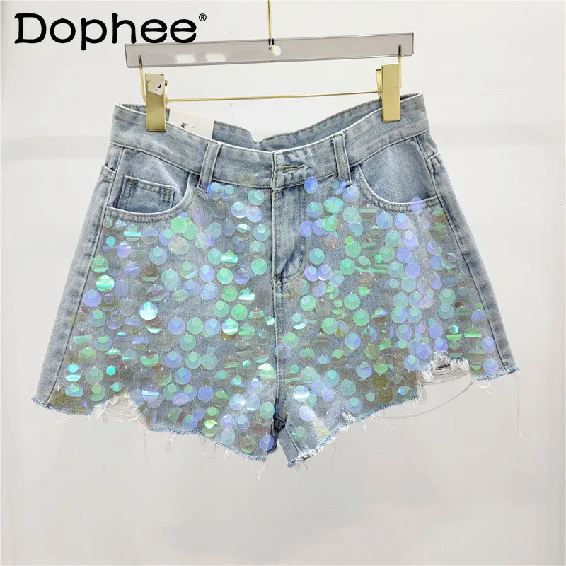 

Summer New High Waist A- Line Wide Leg Shorts Women Fashion Sequined Tassel Ripped Slimming Denim Shorts Sexy Girl Hot Pants