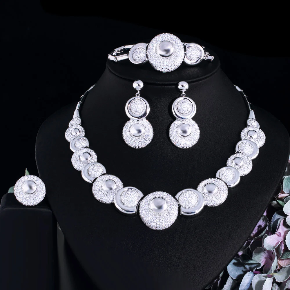 

CWWZircons Cluster Round Shiny Cubic Zirconia Dubai Nigerian Wedding Necklace Luxury 4 Pcs Bridal Jewelry Sets Party Wear T710