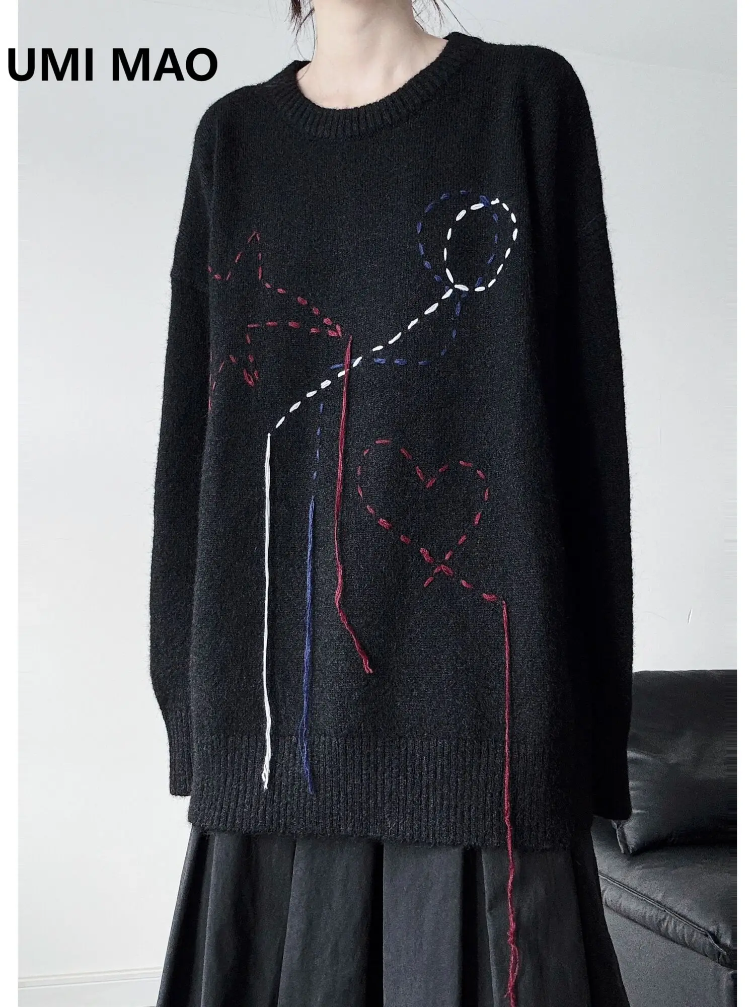 

UMI MAO Niche Design Sense Casual Hanging Thread Round Neck Sweater Autumn Winter Loose Lazy Style Niche Knitted Sweater Women