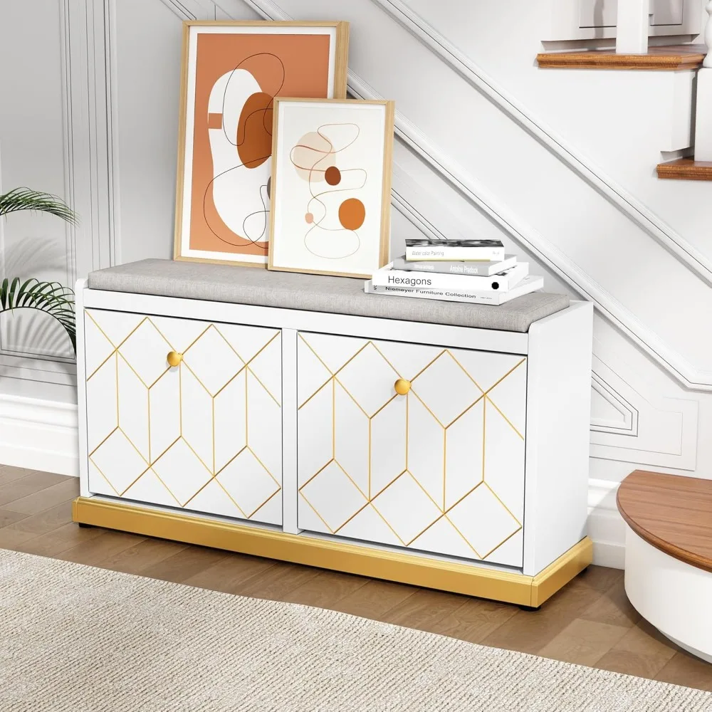 Banc à chaussures avec rangement, banc d'entrée moderne avec 2 tiroirs rabattables et siège coussin rembourré, banc de rangement pour chaussures pour couloir, Cl