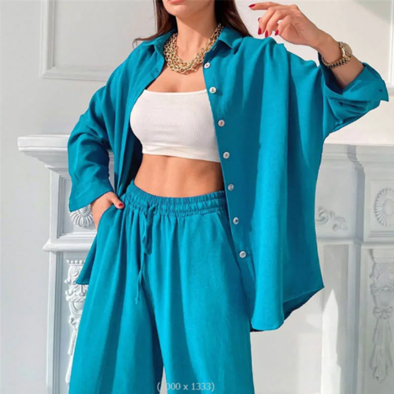 Women Solid color Shirt set Elegant Summer Fashion Long sleeve Buttons blouse + waist Wide Leg long Pants two Piece set outfit