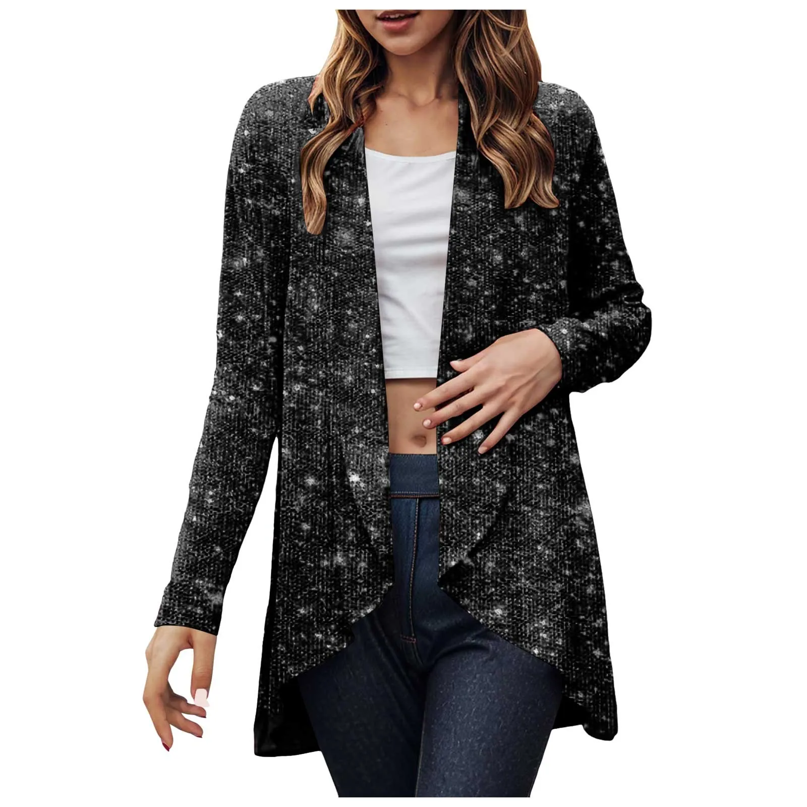 Printemps nouvelles femmes ouvert devant paillettes revers à manches longues vestes élégant carnaval fête à la mode paillettes Cardigan femme manteau Blazer