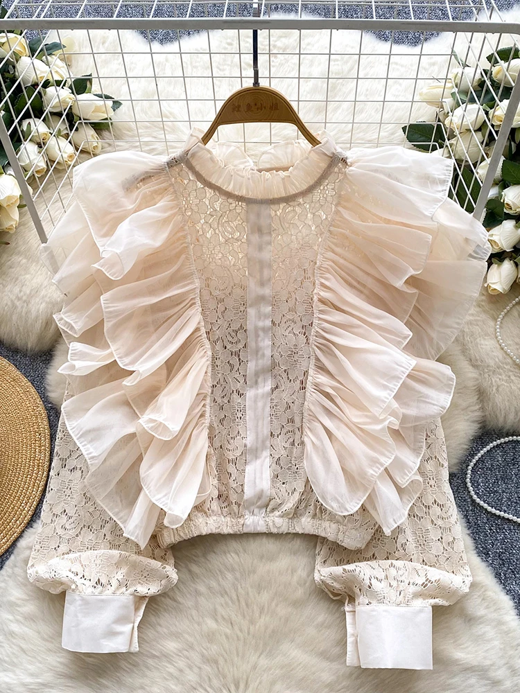 

New Spring Autumn Women's Lotus Leaf Edge Splicing Lace Blusoe French Sweet Elegant Hollow Hook Flower Long Sleeve Shirt Top W62