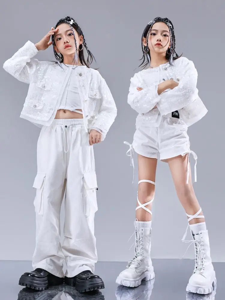 Kid Hip Hop Clothing White Sequined Short Jacket Top Casual Wide Pockets Cargo Pants Shorts for Girl Jazz Dance Costumes Clothes