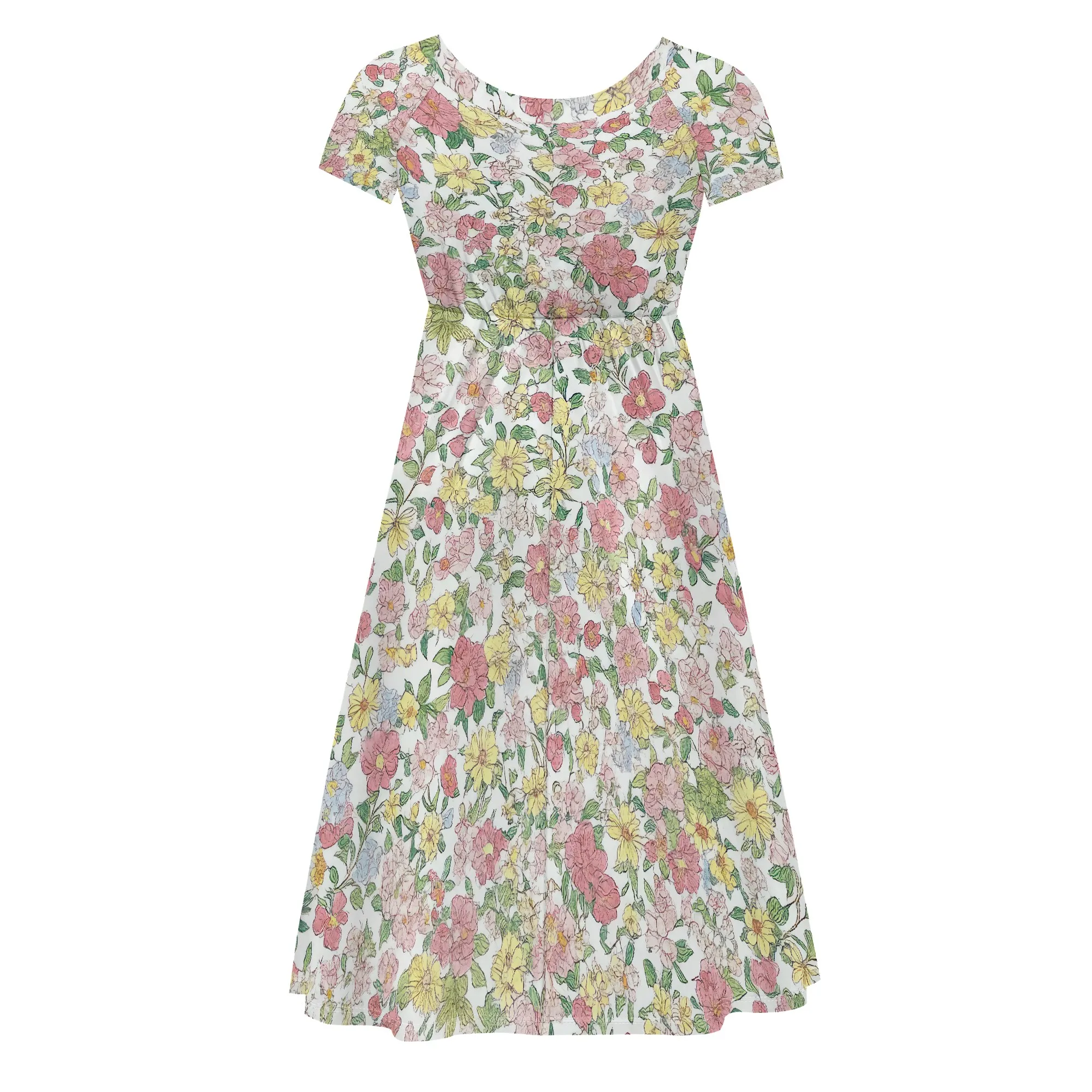 여성 드레스 짧은 소매 캐주얼 루즈 스윙 미디 드레스 Pleated Summer A 라인 프릴 Flowy Beach Vacation Dress