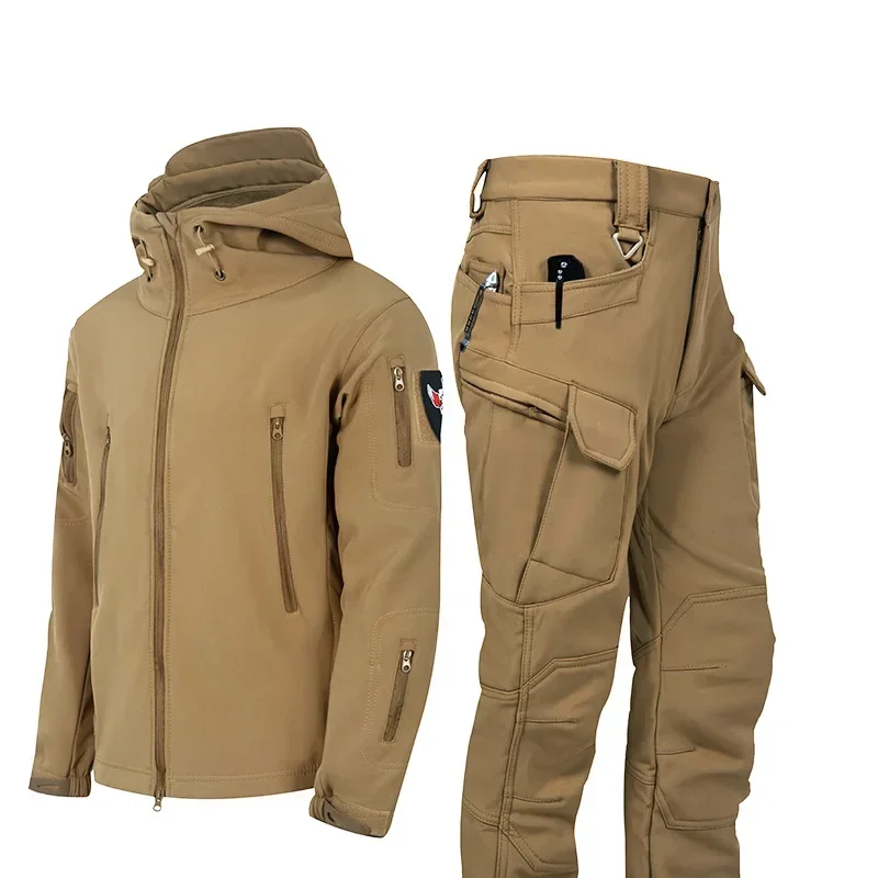 Conjunto táctico de terciopelo de lana cálida para hombre, ropa de invierno de concha suave a prueba de viento e impermeable, montañismo, esquí, caza, pesca