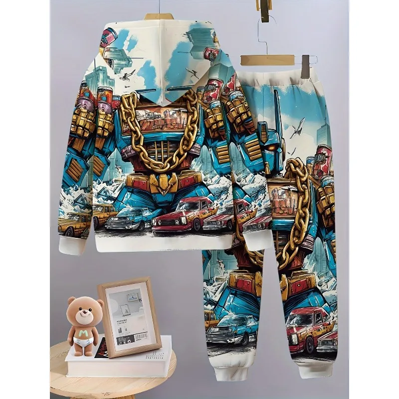 Sudadera con capucha y pantalones de chándal con estampado digital 3D de sol, león y araña, conjunto informal de 2 piezas de manga larga simple y moderno