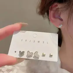 3 Pairs/set Cute Korean Earrings Heart Bling Zircon Shell Versatile Gold Color Earring for Women Fashion Jewelry 2026 New Gifts