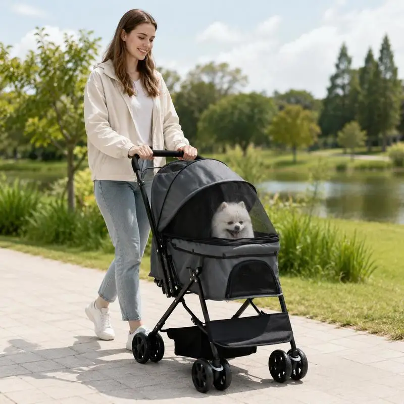Poussette pour chien, poussette pour petits chiens et chats, poussette pour animaux de compagnie, poussette pour chat, Oxford, gris foncé, 76,5 x 52 x 95 cm, avec pare-soleil, fenêtres en maille et panier de rangement, idéale pour les promenades quotidiennes et les voyages en plein air
