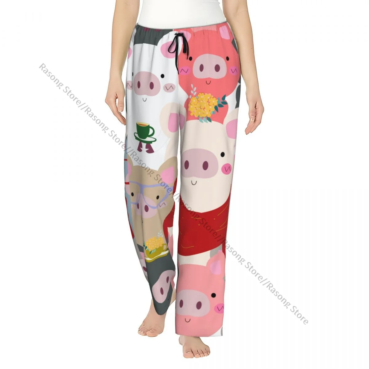

Warm Women Pajama Pants Vintage Cute Baby Pig Blue Grey Pastel Cartoon Comic Art Flannel Sleep Bottoms Soft Fleece Loungewear