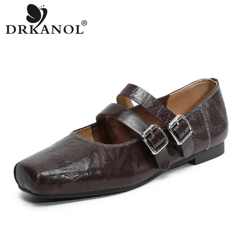 

DRKANOL British Style Mary Janes Shoes Women Genuine Leather Sheepskin Luxury Design Square Toe Shallow Soft Casual Flat Shoes