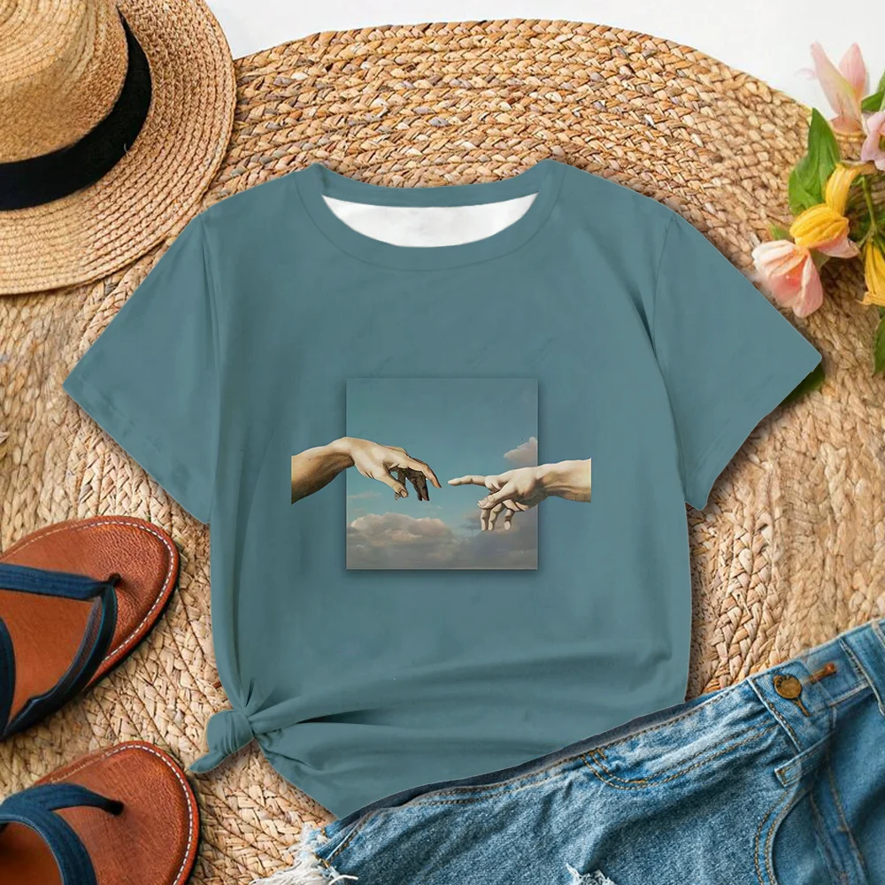 Blue Women's Handmade Art Design Casual T-shirt - Modern Art Style Summer Short Sleeve