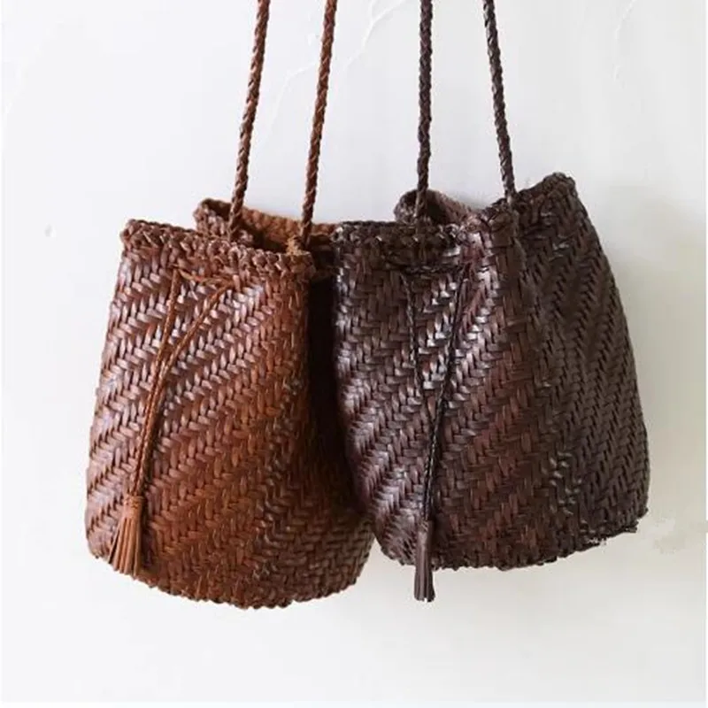 

Designer woven totes bag women genuine leather cowskin knitting shopping basket handbag female bucket bag wholesale 2024 new