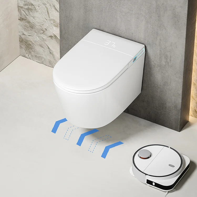 Toilettes intelligentes murales à lumière UV, télécommande améliorée, faible compatibilité de la pression d'eau, p-piège, toilettes intelligentes murales