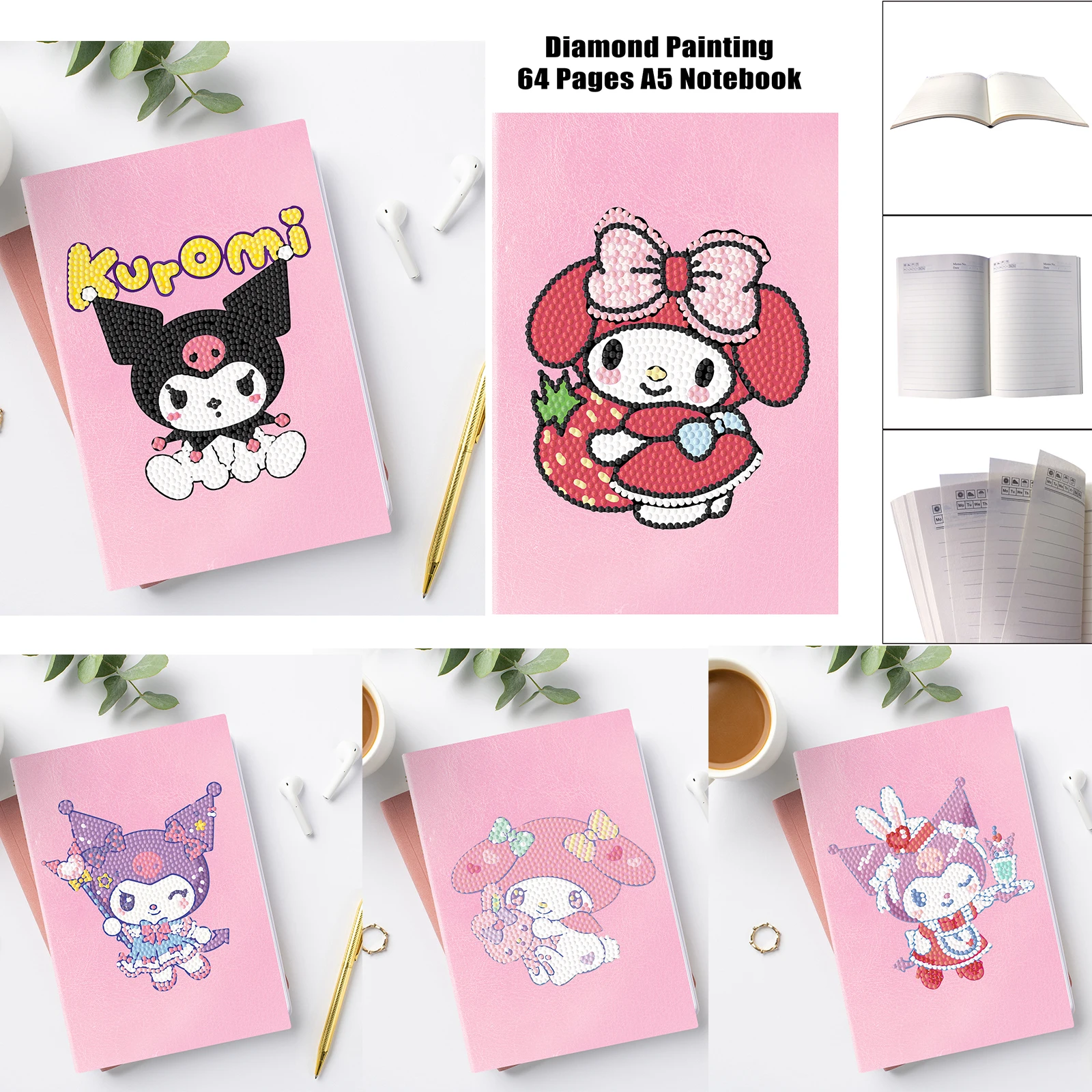 Sanrio Cartoon Notebook DIY Diamant Malerei handgemachte Diamant Stickerei handgemachte Kunst rosa Notizblock Geburtstags geschenk