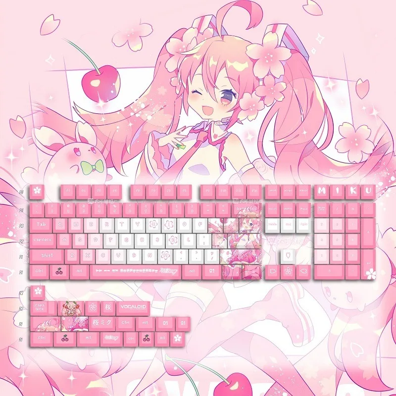 Miku deep blue and cherry blossom themed PBT sublimation keycaps compatible with mechanical keyboards