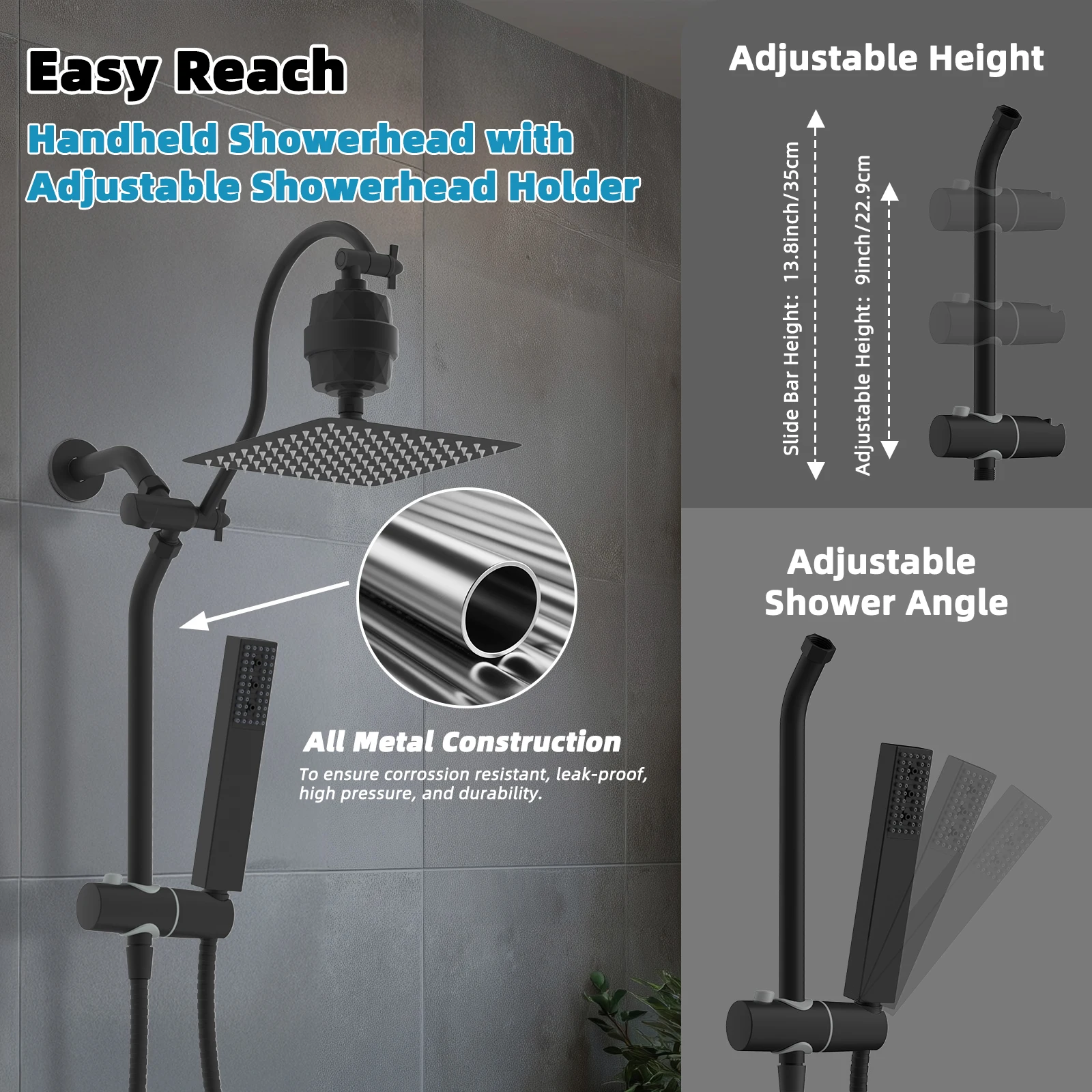 10'' Filtered Rainfall Shower Head, High Pressure Showerhead combo with 4-mode Handheld Spray, 12'' Extension Arm