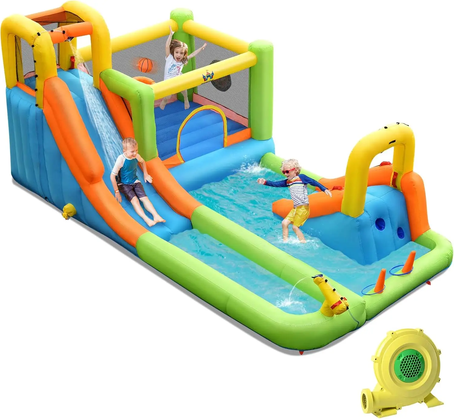 

Inflatable Water Slide, 8 in 1 Mega Waterslide Park Bounce House for Outdoor Fun w/950W Blower, Long Slide, Splash Pool, Water S