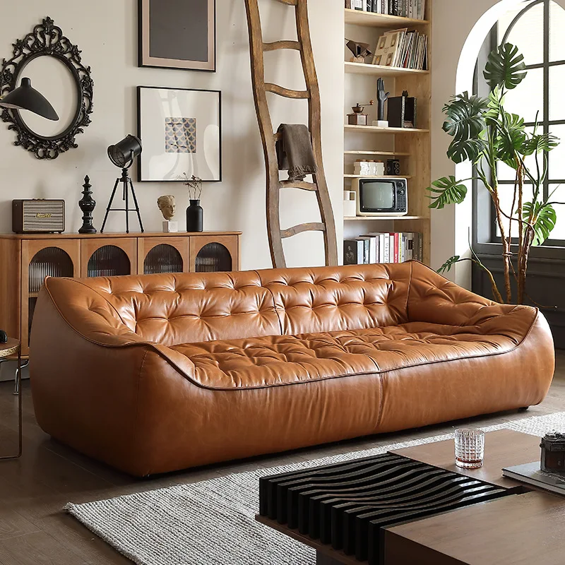 

Medieval retro full oil wax leather bean bag sofa designer living room straight row three light luxury leather sofa