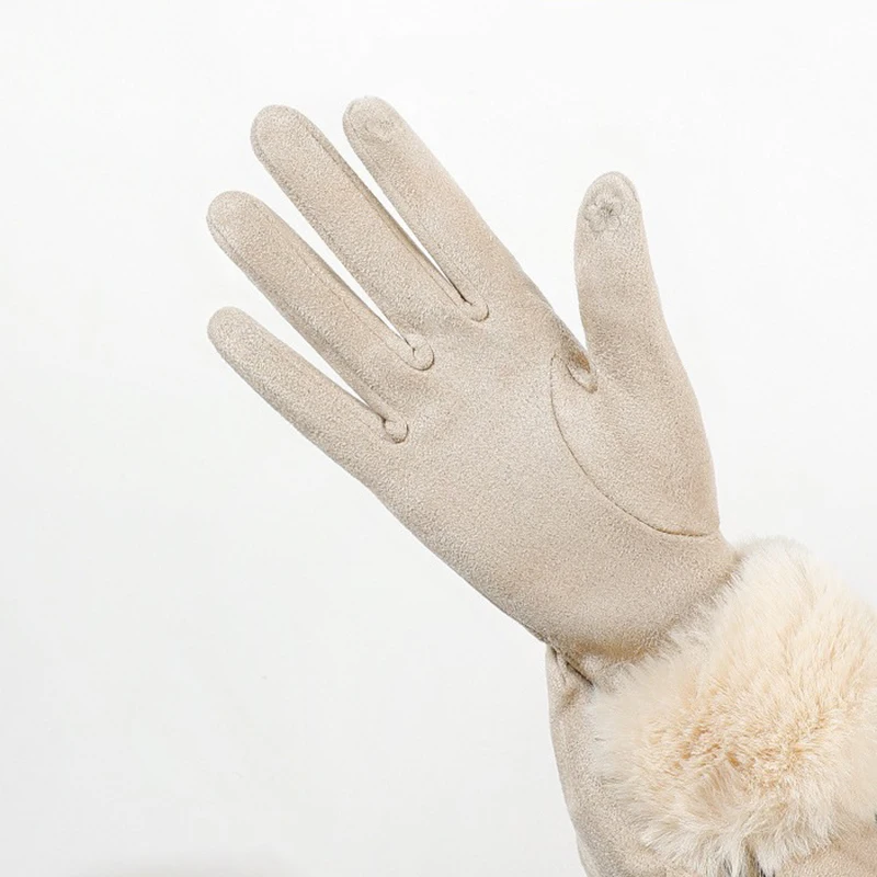 النساء الشتاء الدفء شاشة تعمل باللمس الجلد المدبوغ شعرية قفازات شعر المعصم موضة أنيقة مزاجه يندبروف محرك #4