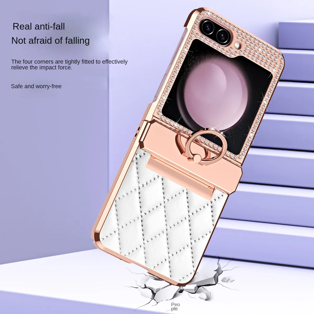 For Samsung Galaxy Z Flip 6 5 4 3 Case Glitter Diamond Plating Leather Finger Bracket Folding Hingle Protection Shockproof Cover