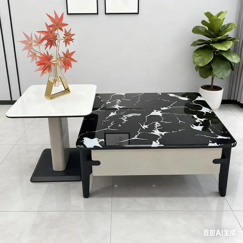 

Luxury Rounded Corner Center Tables with Storage Drawer Modern Black White Coffee Table for Living Room Home Wood Legs Tea Table