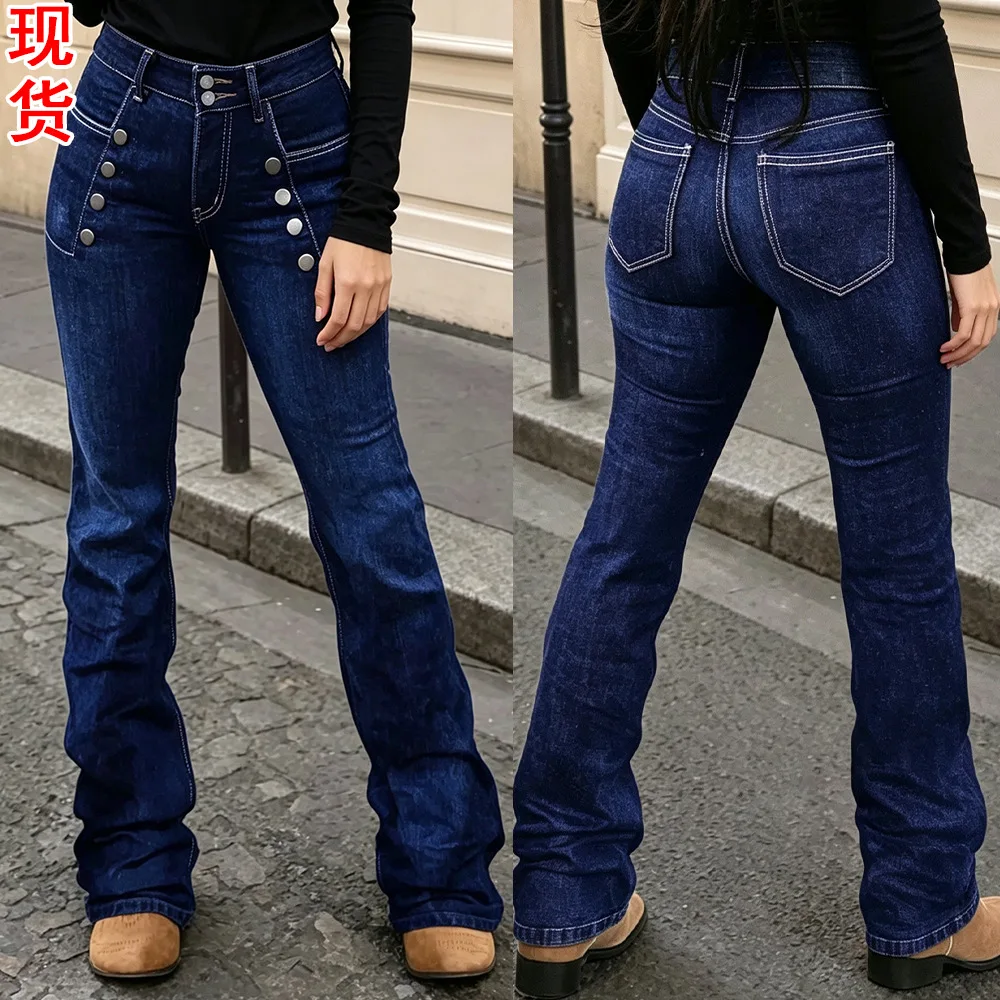 Women High Waist Flare Jeans Dark Blue Washed Denim Pants Side Double Row Buttons Decor Slim Bootcut Long Trousers Streetwear