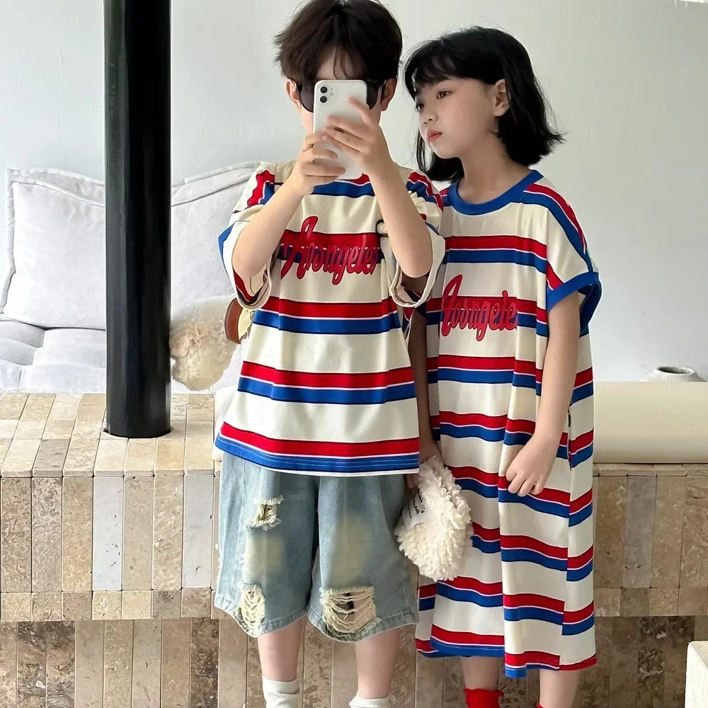 Stylish Children's Short Sleeve T-shirt Set Medium-length Colorful Striped Dress Summer Baby Top 5 Brother Sister Matches