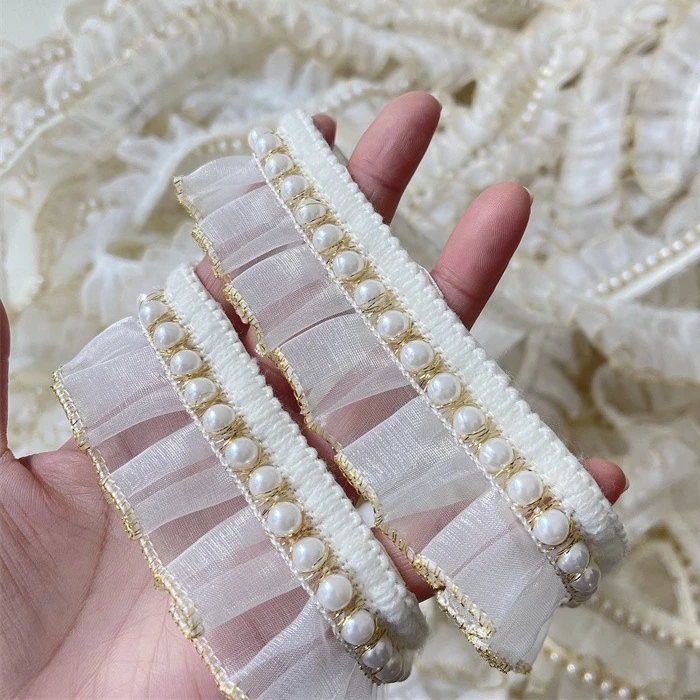 4cm wide white gold thread small fragrance pleated pearl lace skirt hem cuff lace accessories