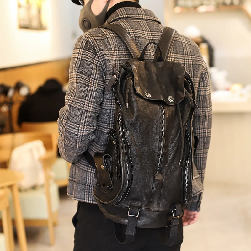 Men\'s Backpack Zipper Retro Old Leather Shoulder School Bag Mobile Phone Bag Fashion Dark Wind Soft Youth Black Travel Backpacks