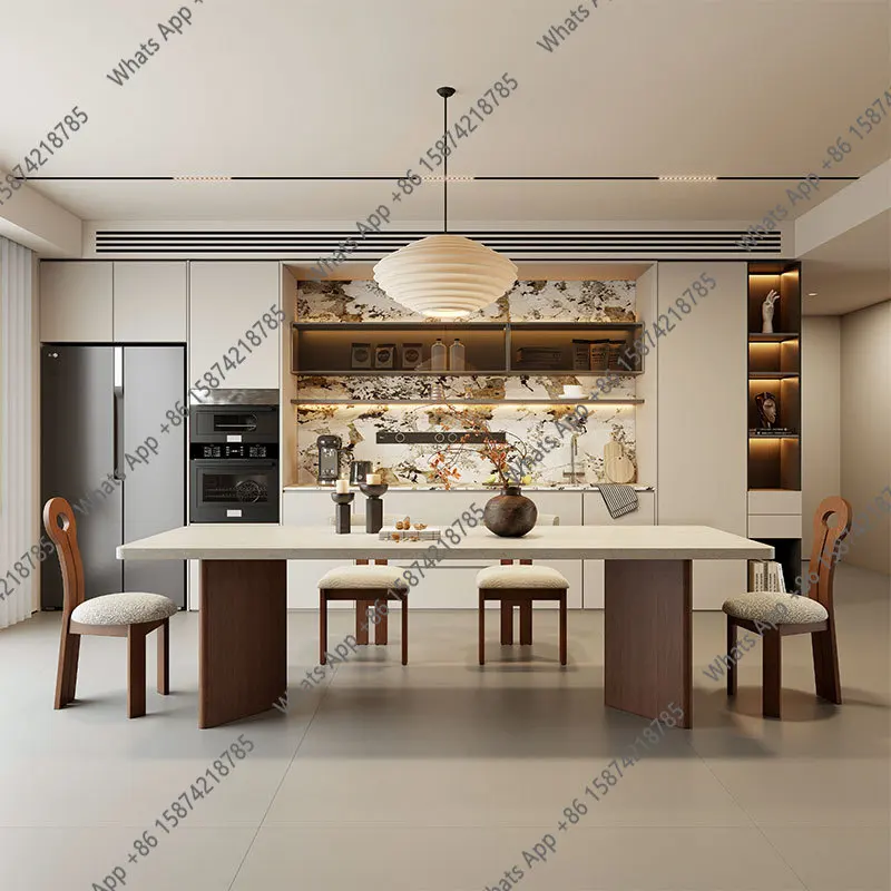 Retro rectangular travertine rock slab dining table Cream medium antique rock slab dining table Household island dining table ag