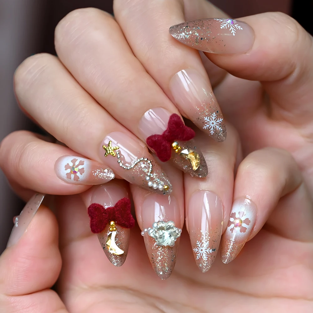 24 pçs glitter em pó francês natal unhas falsas floco de neve amêndoa cobertura completa unhas falsas com bowknot strass imprensa em unhas