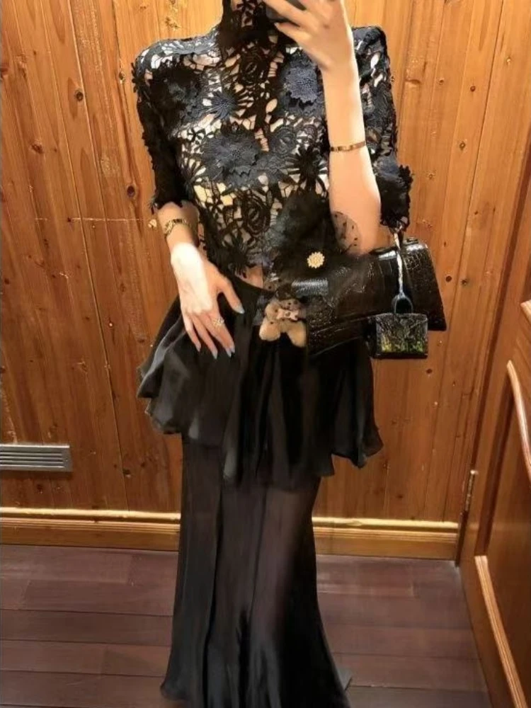 القوطية الأسود الدانتيل قطعتين مجموعة المرأة خمر شير الجوف خارج أعلى عالية الخصر تنورة طويلة الظلام أنيقة حزب الرجعية وتتسابق 2025