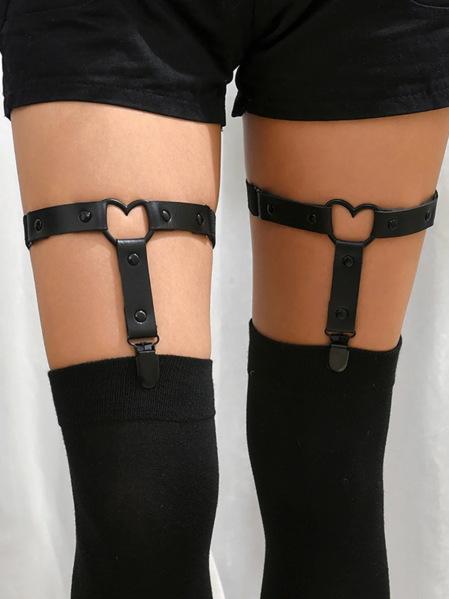 Punk Metall Quaste Anhänger rosa verstellbare Herz Bein Strumpfband mit Anti-Rutsch-Clips, elastische Y2K Gothic Oberschenkel Strumpfband für Damen schwarz – Detail 2