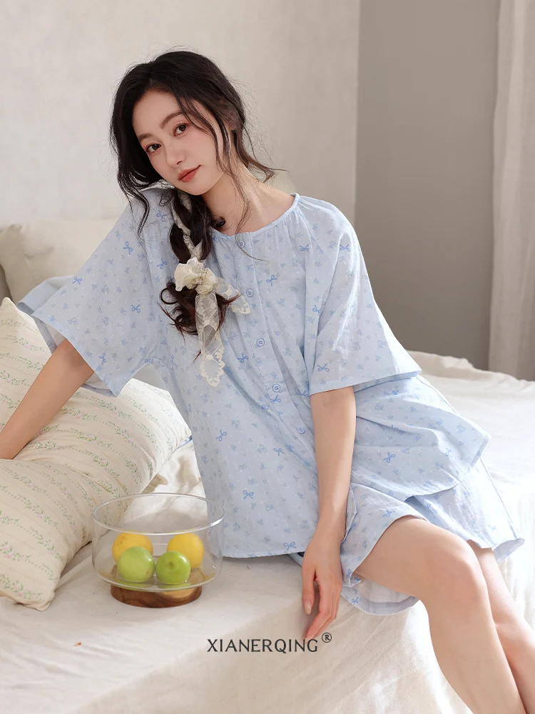 2026-new-pure-cotton-sleepwear-women's-summer-short-sleeve-shorts-set-sweet-girl-knot-home-clothes-loose-fit