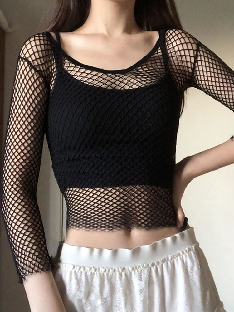 Goth Fishnet Grunge Mall Gothic Women's Sexy T-shirts Punk Black White Transparent Basic Crop Tops Skinny Fashion Clothing Alt