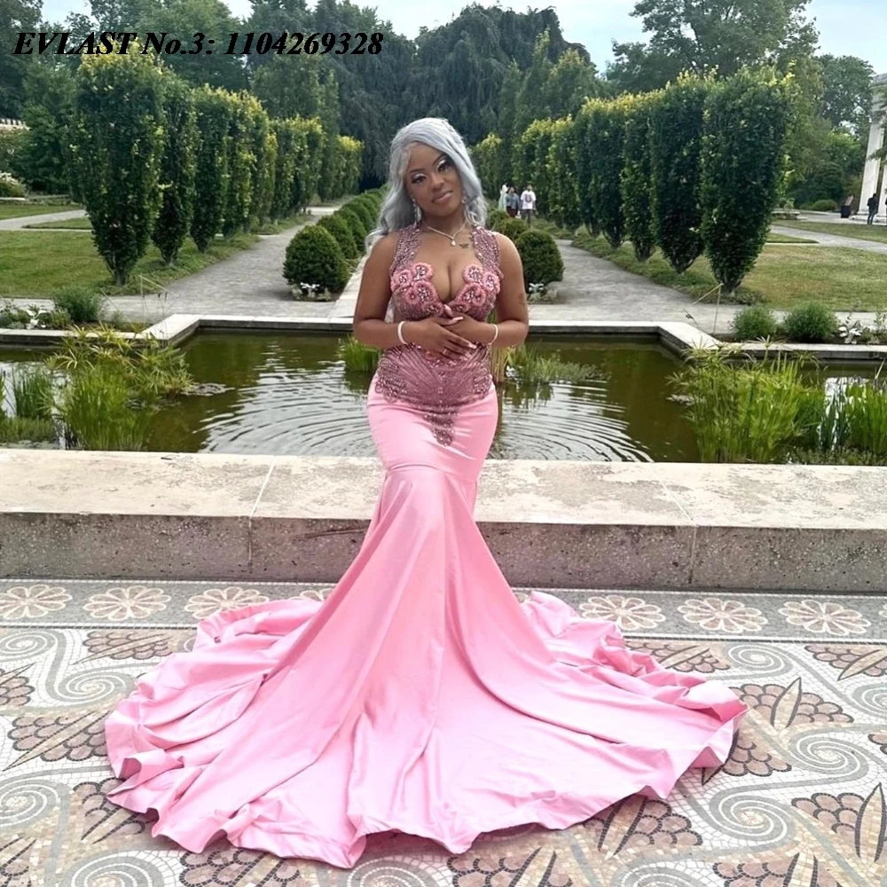 

EVLAST Customized Sexy Blush Pink Long Prom Dress Black Girls Crystal Rhinestone Beaded Mermaid Party Dress Evening Gowns E3P105