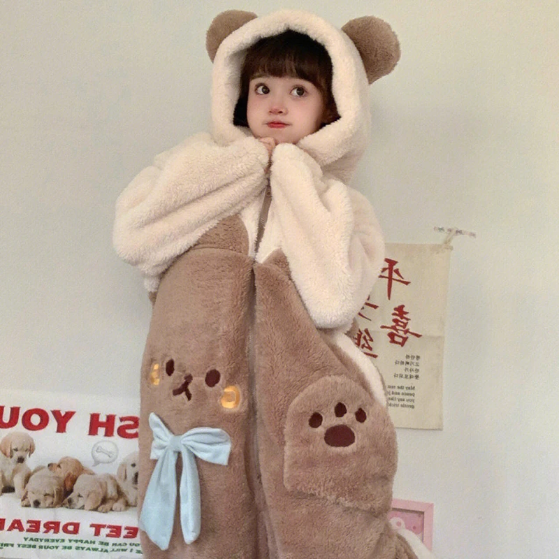 Autumn Winter Warm One Piece Pyjamas Girls Sweet Cartoon Bear Ears Bow Sleepwear Women Jumpsuits Coral Fleece Hooded Onesies