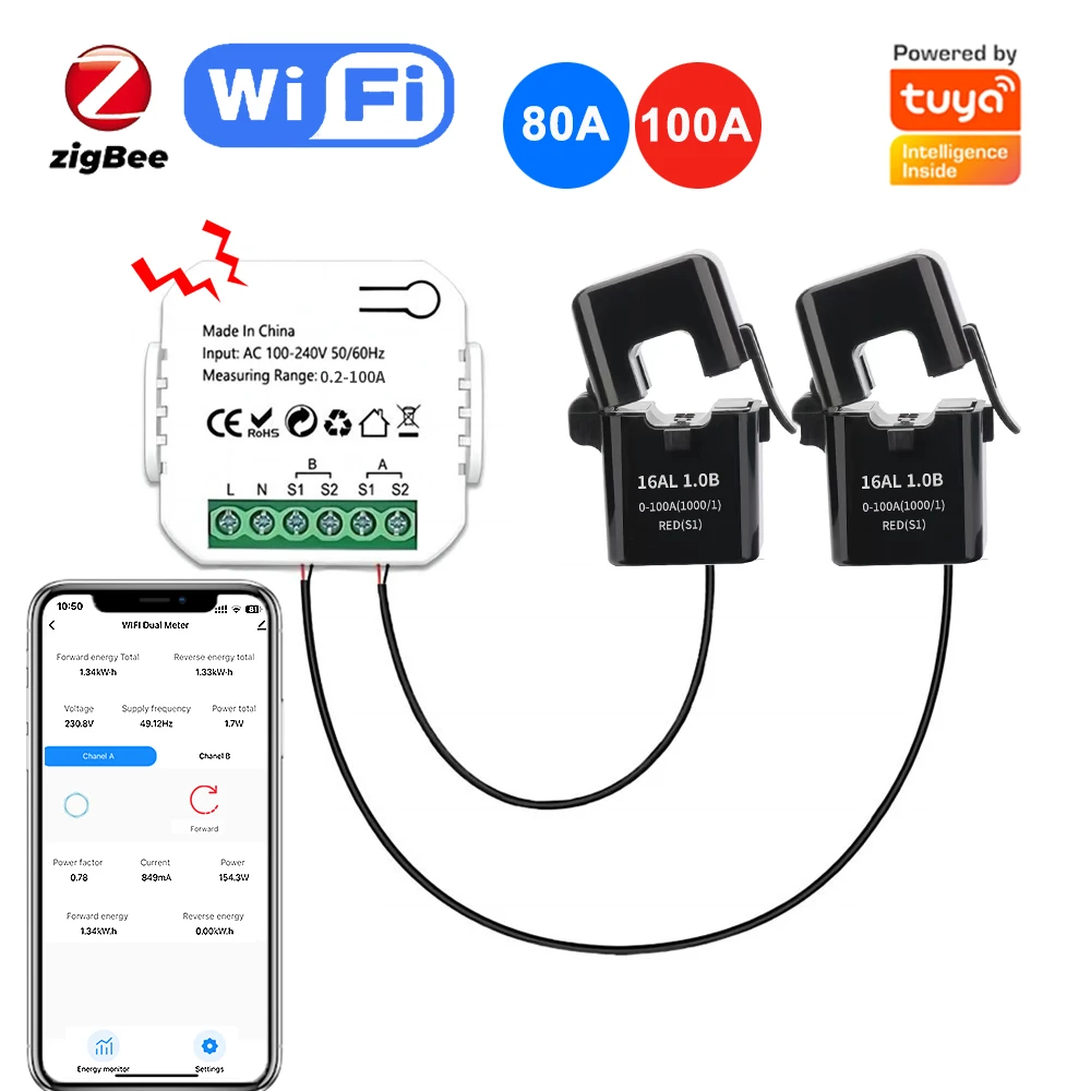 Tuya 100A 80A Smart Energy Meter WiFi/Zigbee 2CH Current Transformer Sensor Clamp Smartlife APP Remote Power Monitor AC100V-240V