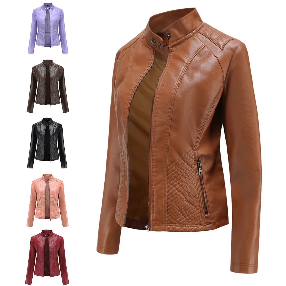 Spring Autumn Women\'s Leather Jacket Women\'s Simple Thin Jacket Long Sleeved Motorcycle Jacket Classic Retro Style Women\'s Coats