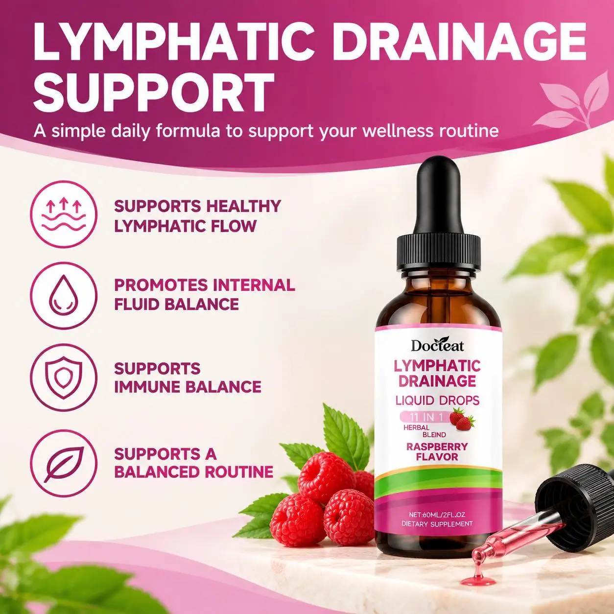 Support Healthy Lymph Flow & Fluid Balance, Docteat Lymphatic Drainage Liquid Drops 11-in-1 Herbal Blend, Raspberry Flavor, 60ML